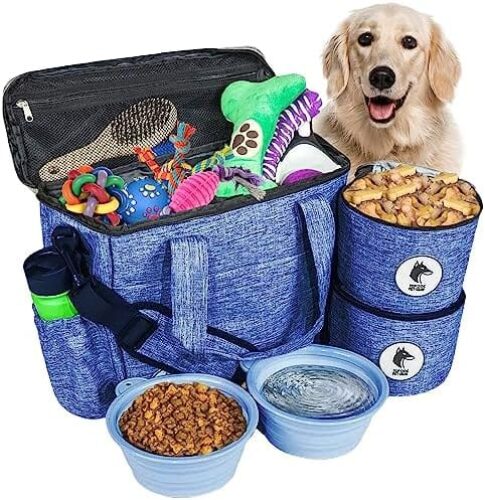 Top Dog Pet Gear Blue Dog Travel Bag for Supplies – Includes Travel Bag, Travel Dog Bowls, Food Storage – Airline Approved Dog Bags for Traveling – Dog Travel Accessories for Camping, Beach