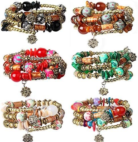 FIBO STEEL 6 Sets Bohemian Stackable Bead Bracelets for Women Stretch Multilayered Bracelet Set Multicolor Boho Jewelry