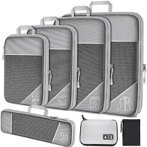 NiHome 7PCS Compression Packing Cube Set Expandable Mesh Travel Bags Luggage Organizers with Electronic Cable Cord Charger Organizer Drawstring Bag for Trip Home Storage Travel Gear Accessories (Grey)