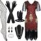 FEPITO 1920s V Neck Sequin Beaded Fringed Dress with 20s Accessories Set