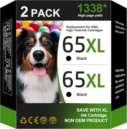 65XL 65 XL Black High Yield for HP 65 Black Ink Cartridge (2-Black) 65XL Black Ink Cartridge for HP Printers Envy 5000 5055 5058 5052 5010 5014 DeskJet 3755 3772 3752 3720 2600 2622 2680| N9K04AN