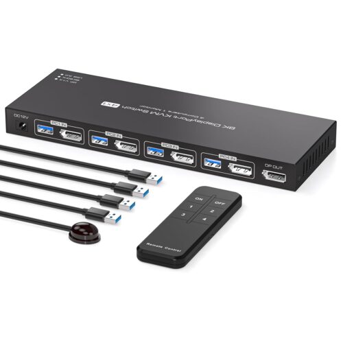 8K DisplayPort KVM Switch 1 Monitor 4 Computers 4K@144Hz DP1.4 KVM Switches 4 Computers Sharing 1 Monitor and 4 USB3.0 Devices with IR Remote Control and 4 USB 3.0 Cables