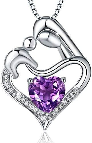 925 Sterling Silver Purple Birthstone Mother Daughter Love Heart Pendant Necklace Jewelry Gifts for Mom Women