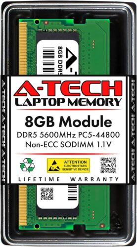 A-Tech 8GB DDR5 5600MHz PC5-44800 CL46 SODIMM 1.1V Non-ECC Unbuffered SO-DIMM 262-Pin Laptop RAM Memory Upgrade Module