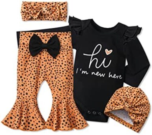 ADIFUN Baby Girl Clothes,4pcs Infant Newborn Girl Outfits Ruffle Romper Baby Bell Bottoms Headband Bandana Clothes Sets Gifts