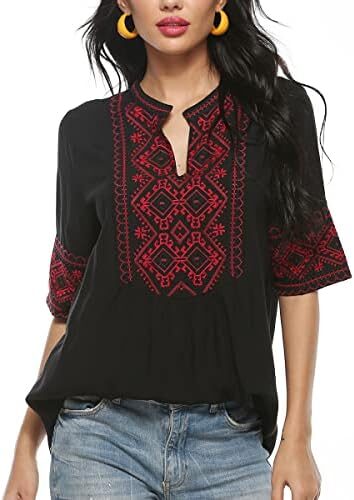 AK Women’s Summer V Neck Boho Embroidered Mexican Shirts Short Sleeve Casual Tops Blouse