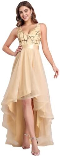 ALISA PAN Women’s Sleeveless V-Neck Evening Dress Appliques Tulle High Low Bridesmaid Dresses 00793-AS