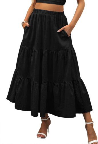 ANRABESS Women’s Summer Boho Flowy Swing Tiered A-Line Maxi Skirt 2025 Fashion Trendy Elastic Waist Pleated Long Beach Dress