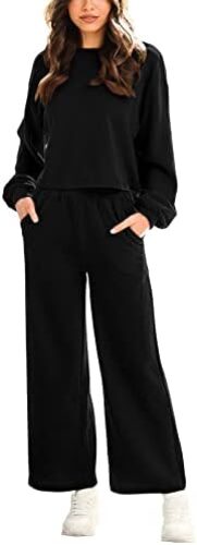 ANRABESS Women’s Two Piece Outfits Long Sleeve Crop Top Wide Leg Pants Knit Sweatsuit Loungewear Sweatsuit Set