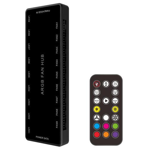 ARGB PWM Fan Hub, Addressable 5V-3PIN ARGB 12V 4PIN PWM 2-in-1 RGB Case Fan Hub with Controller and SATA Power Input, 9 Fan Port and 9 LED Port, PC Fan hub Support 9 Computer ARGB PWM Fans Splitter