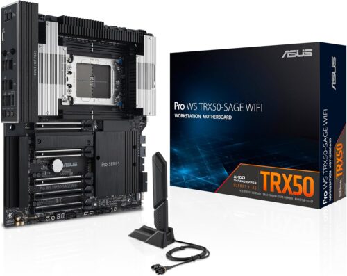ASUS Pro WS TRX50-SAGE WIFI CEB Workstation motherboard, AMD Ryzen Threadripper PRO 7000 WX,ECC R-DIMM DDR5, 36 power-stage, WiFi 7,PCIe 5.0 x 16,PCIe 5.0 M.2, 10 Gb and 2.5 Gb LAN, multi-GPU support.