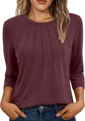 AUTOMET Womens 3/4 Length Sleeve Tops Round Neck Pleated Dressy Casual Basic Shirts Tunic