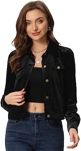 Allegra K Women’s Cropped Jacket Velvet Retro Button Up Slash Pockets Fashion Casual Jackets
