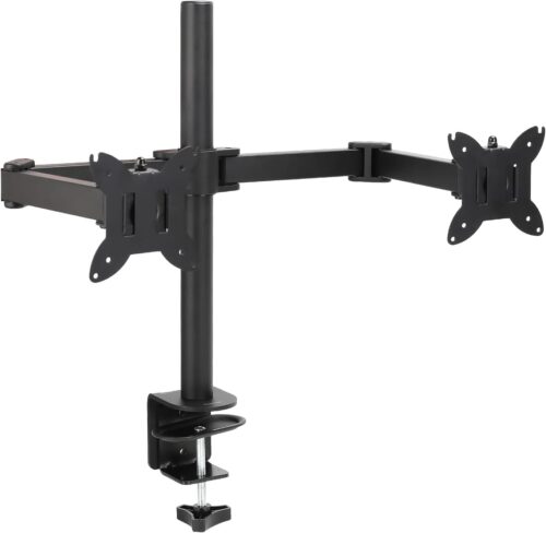 Amazon Basics Adjustable Dual Computer Monitor Arm Mount, Holds up to 32″ Monitors, Black