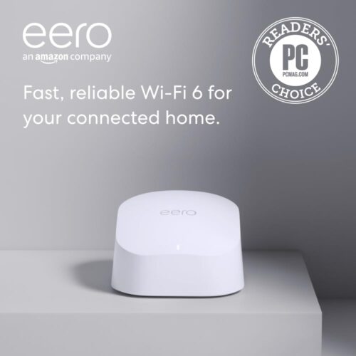 Amazon eero 6 mesh wifi router – Supports internet plans up to 900 Mbps, Coverage up to 1,500 sq. ft., Connect 75+ devices, 1-pack