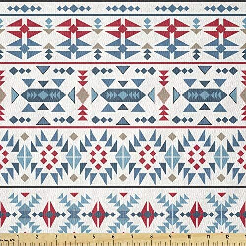 Ambesonne Ethnic Fabric by The Yard, Native Traditional Art with Mexican Cultural Origins Geometric Borders Triangles, Stretch Knit Fabric for Clothing Sewing and Arts Crafts, 1 Yard, Blue Red