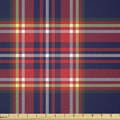 Ambesonne Plaid Fabric by The Yard, Traditional Pattern from Scotland Vivid and Geometric Cultural Design Abstract Look, Stretch Knit Fabric for Clothing Sewing and Arts Crafts, 3 Yards, Blue Red