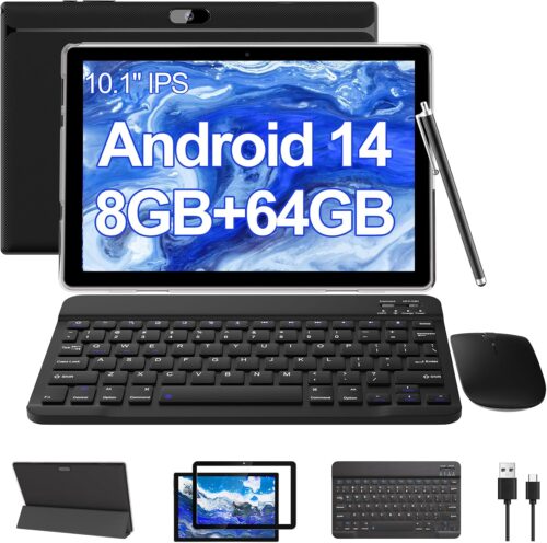Android 14, 2 in 1 Tablet with Keyboard, 10 inch Tablets, 8GB+64GB/1TB Expand, 2.4G+5G+Wi-Fi 6, Dual Camera, 6000 mAh, BT, GMS, Games, with Case (Black)