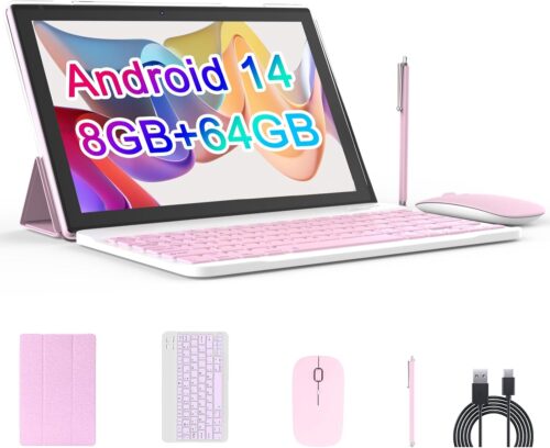 Android 14 Tablet, 10 Inch 8GB RAM+64GB ROM+1TB Expand, 1.8Ghz Quad-core Processor, 2 in 1 Tablets with Keyboard/Mouse/Case/Stylus, 8MP Camera, 6000mAh Battery, 1280 * 800 HD Screen, 5G WiFi 6 Tablet