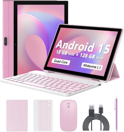 Android 15 Tablet 10 Inch, 18GB RAM+128GB ROM/2TB Expandable Tablet, 2 in 1 Tablets with Keyboard Case Mouse Stylus, 2.0GHz Quad-core CPU, 1280*800 IPS HD Screen, 5G WiFi6 BT 5.0, 8MP Camera Tablet PC
