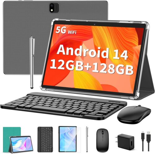 Android Tablet with Keyboard, Android 14 Tablet, 12(6+6)GB+128GB, 1TB Expand, 2 in 1 Tablet, 10 inch Tablet with Case, Mouse, Stylus, 8000mAh Battery, 2.4G/5G WiFi, GPS, Certified Tablet PC, Green