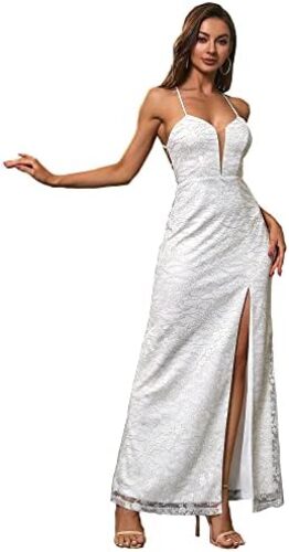 Angel-fashions Women’s V Neck Floral Applique Split Wrap Sheath Masquerate Dress
