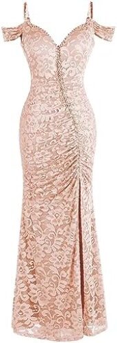 Angel-fashions Women’s V Neck Lace Split Ruffled Beading Sheath Wedding Dress