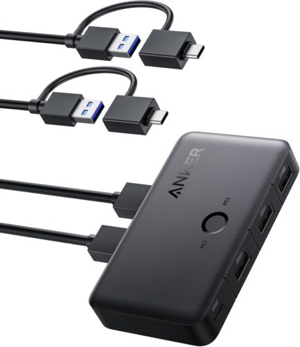 Anker USB 3.0 Switch, Easy One-Click Switch for 2 Laptops, USB-A Cable with 2-in-1 Connectors, Share 3 USB 3.0 Ports, 5Gbps High-Speed Data Transfer for Laptop or Desktop, Keyboard, Mouse, and More