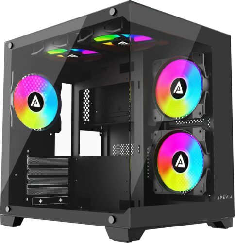 Apevia Prism-BK Prism Micro-ATX Gaming PC Cube Case w/ 5X 120mm ARGB Fans, 366 RGB Modes, Dual Tempered Glass Panels, 240mm Radiator Support, 1X USB3.0, 2X USB 2.0, HD Audio Port, Black