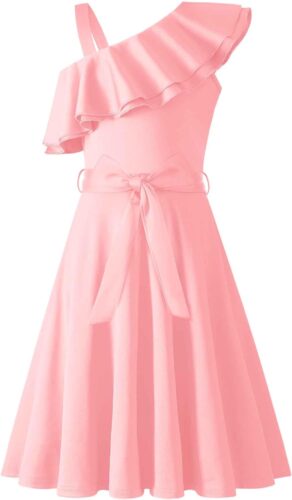 Arshiner Girls Dress One Shoulder Formal Ruffle Trim Birthday Party Dresses with Belted Pockets for 5-12 Years
