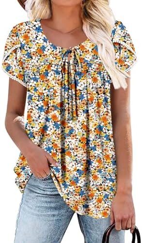 BETTE BOUTIK Womens Summer Tops Pleated Crewneck Corded Short Sleeve Tunic Shirts Tops Blouses