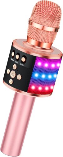 BONAOK Bluetooth Wireless Karaoke Microphone with LED Lights,4-in-1 Portable Handheld Mic with Speaker Karaoke Player for Singing Home Party Toys Birthday Gift for Kids Adults Girls Q78(Rose Gold)