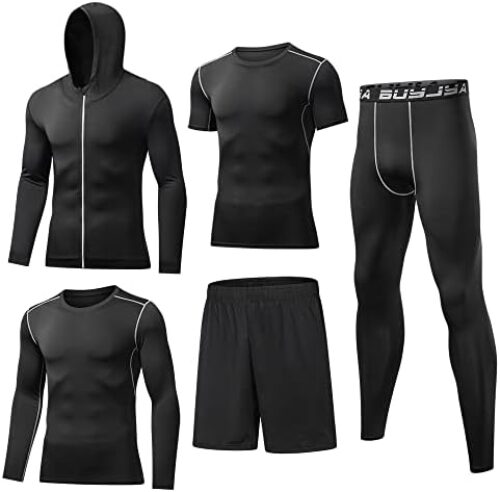BUYJYA 5Pcs Men’s Compression Pants Shirt Top Long Sleeve Jacket Athletic Sets Gym Clothing Mens Workout Valentine’s Day gift