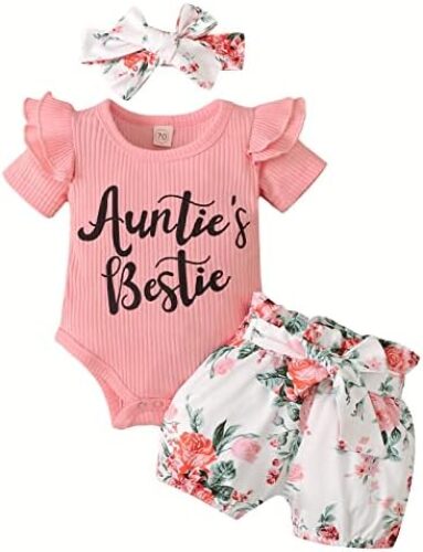 Baby Girls 3-piece Infant Clothes Romper Bodysuit Floral Short Pants Clothing Sets Headband Outfits