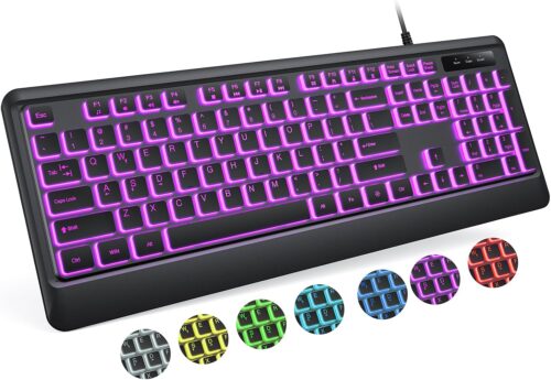 Backlit Computer Keyboards, Wired USB LED Keyboard with 7 Colors Backlight, Plug and Play, Waterproof, Full Size Quiet Computer Keyboard for Windows Desktop, PC, Laptop, Gaming