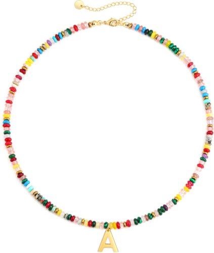 Beaded Initial Necklace for Women, 14K Gold Plated Initial Letter Pendant Rainbow Gemstone Choker Colorful Summer Beach Jewelry for Women