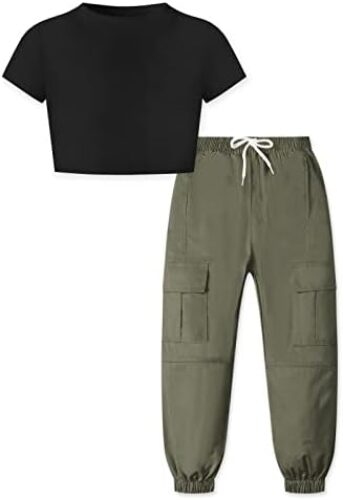 Betusline Girls 2 Piece Outfits Cute Fall Winter Crop Top Cargo Pants Trendy Clothing Sets, 4T-14 Years