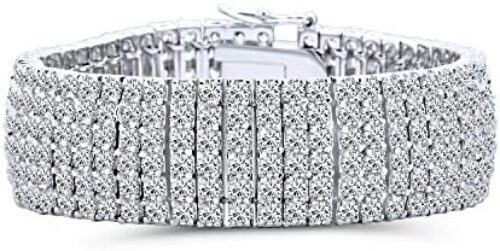 Bling Jewelry Classic Fashion Bridal Multi Row Wide Graduated Cubic Zirconia Cluster AAA CZ Statement Bracelet Silver Plated Perfect for Prom, Wedding or any Special Occasion.