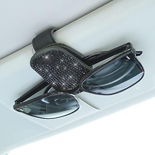 Bling Sunglasses Holders for Car Sun Visor, Magnetic Leather Glasses Eyeglass Hanger Clip for Car, Ticket Card Clip Eyeglasses Mount, Car Visor Accessories(Black)