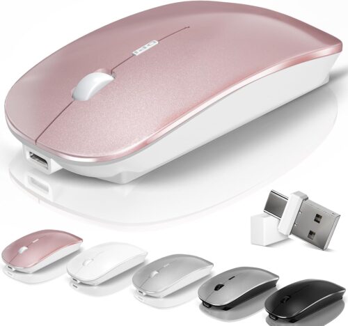 Bluetooth Wireless Mouse for MacBook Air Mac Pro Laptop PC Pad Optical Rechargeable Silent Mouse with Jiggler Mode Dual Mode Switch Mouse Bluetooth 5.2/3.0 and 2.4G USB-A & USB-C Receiver Rose Gold