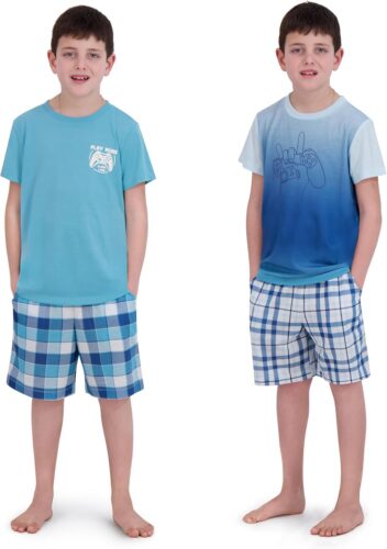 Boys Pajamas Set- 4-Piece Summer PJs Short Sleeve Tee & Shorts, Boys’ Sleepwear, Teens Kids Pajama Sizes 5-20