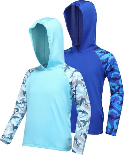 Boys UPF 50+ Swim Hooded Shirt with Pocket/Non-Pocket, Youth Kids SPF UV Sun Protection Rash Guard Long Sleeve Fishing Shirts