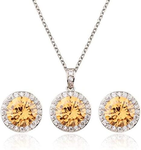 Bridal Crystal Jewelry Set – Sterling Silver Round Cubic Zirconia CZ Rhinestone Halo Birthstone Pendant Necklace Stud Earrings Set for Wedding Bride Bridesmaids Birthday Gift