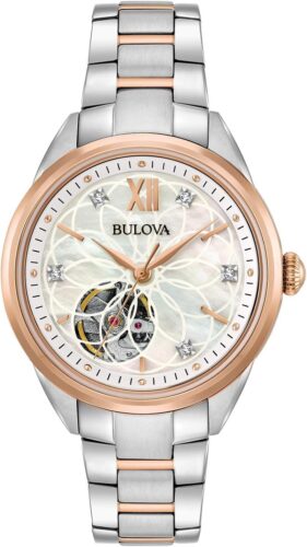 Bulova Ladies’ Classic Diamond 3-Hand Automatic in Stainless Steel, Mother-of-Pearl Dial and Open Aperture Dial