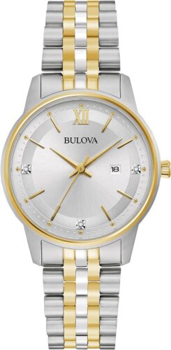 Bulova Ladies’ Classic Diamond Two-Tone Gold Stainless Steel 3-Hand Calendar Date Quartz Watch