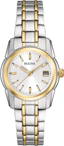 Bulova Ladies’ Classic Two-Tone Stainless Steel 3-Hand Calendar Date Quartz Watch, Silver-White Dial (Style: 98M105)