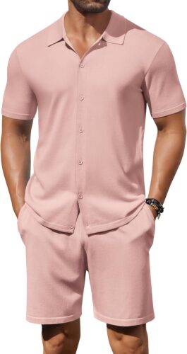 COOFANDY Men’s 2 Piece Outfits Sets Casual Short Sleeve Button Down Knit Shirt and Shorts Sets Summer Beach Outfits