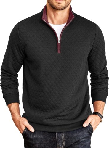 COOFANDY Mens Quarter Zip Pullover Mock Neck Quilted Sweatshirt Casual Long Sleeve Polo Sweater