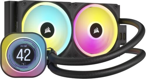 CORSAIR iCUE Link H100i LCD Liquid CPU Cooler – 240mm AIO – QX120 RGB Fans – 2.1” IPS LCD Screen – Fits Intel LGA 1700, AMD AM5 – iCUE Link System Hub Included – Black