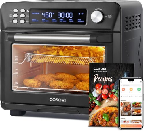 COSORI Smart 11-in-1 Air Fryer Toaster Oven Combo, Airfryer Convection Oven Countertop, Bake, Roast, Reheat, Broil, Dehydrate, 94 Recipes & 3 Accessories, 26QT, Black, Stainless Steel